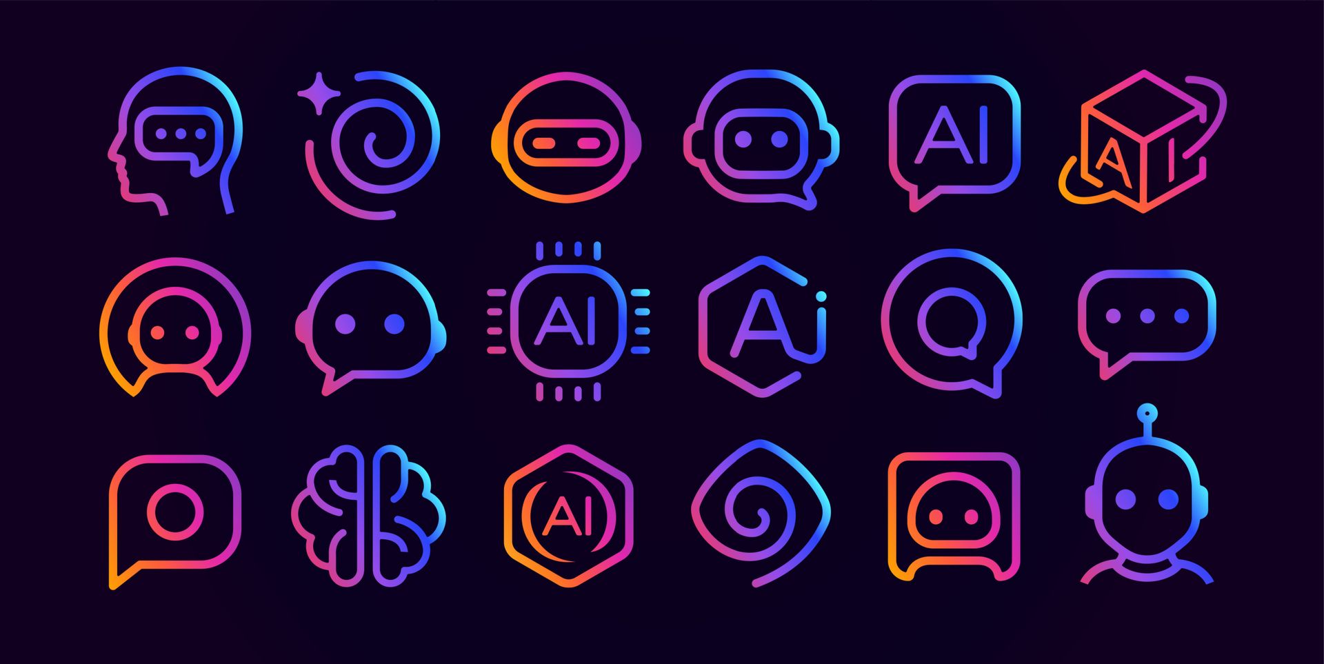 Neon AI icons in a row on a dark background: speech bubbles, robot heads, a brain, a hexagon with 