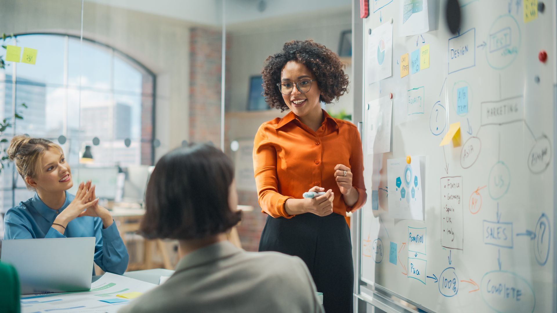 Woman presenting ideas on a whiteboard to colleagues in a modern office setting.
