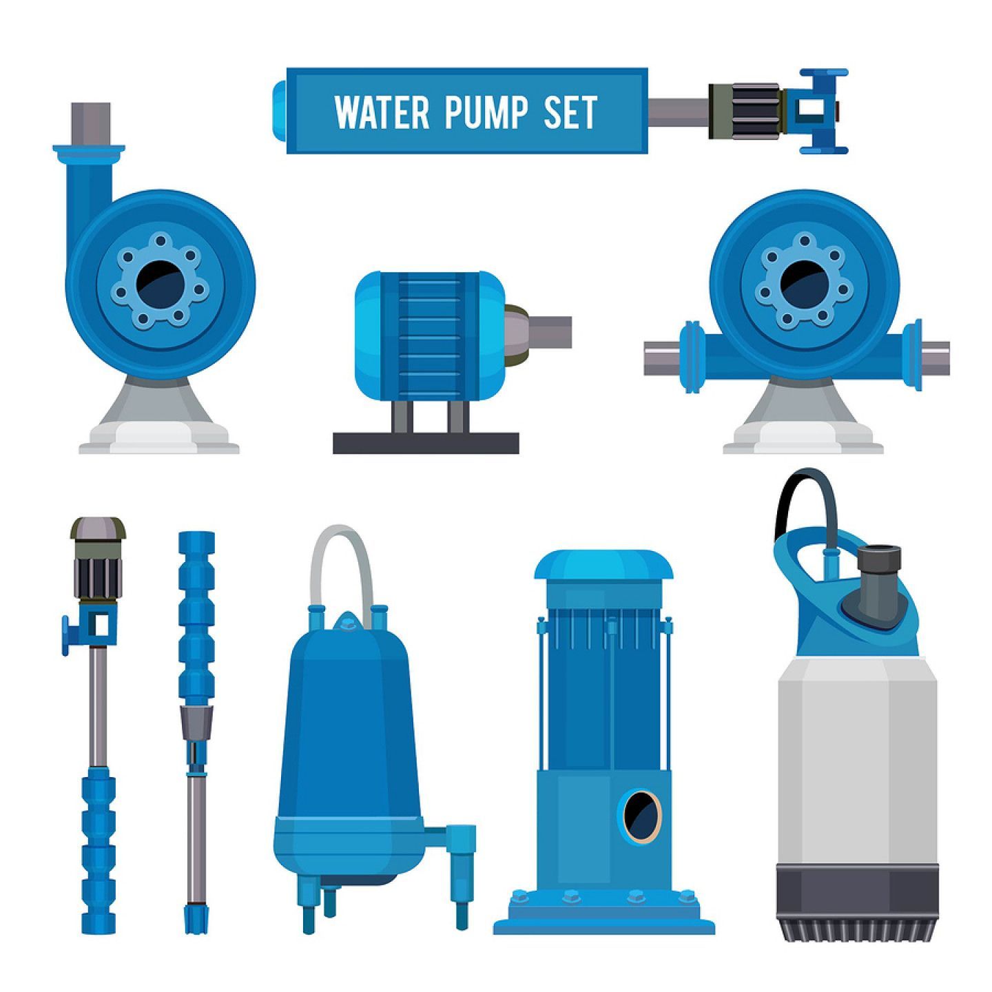 A set of different types of water pumps on a white background.