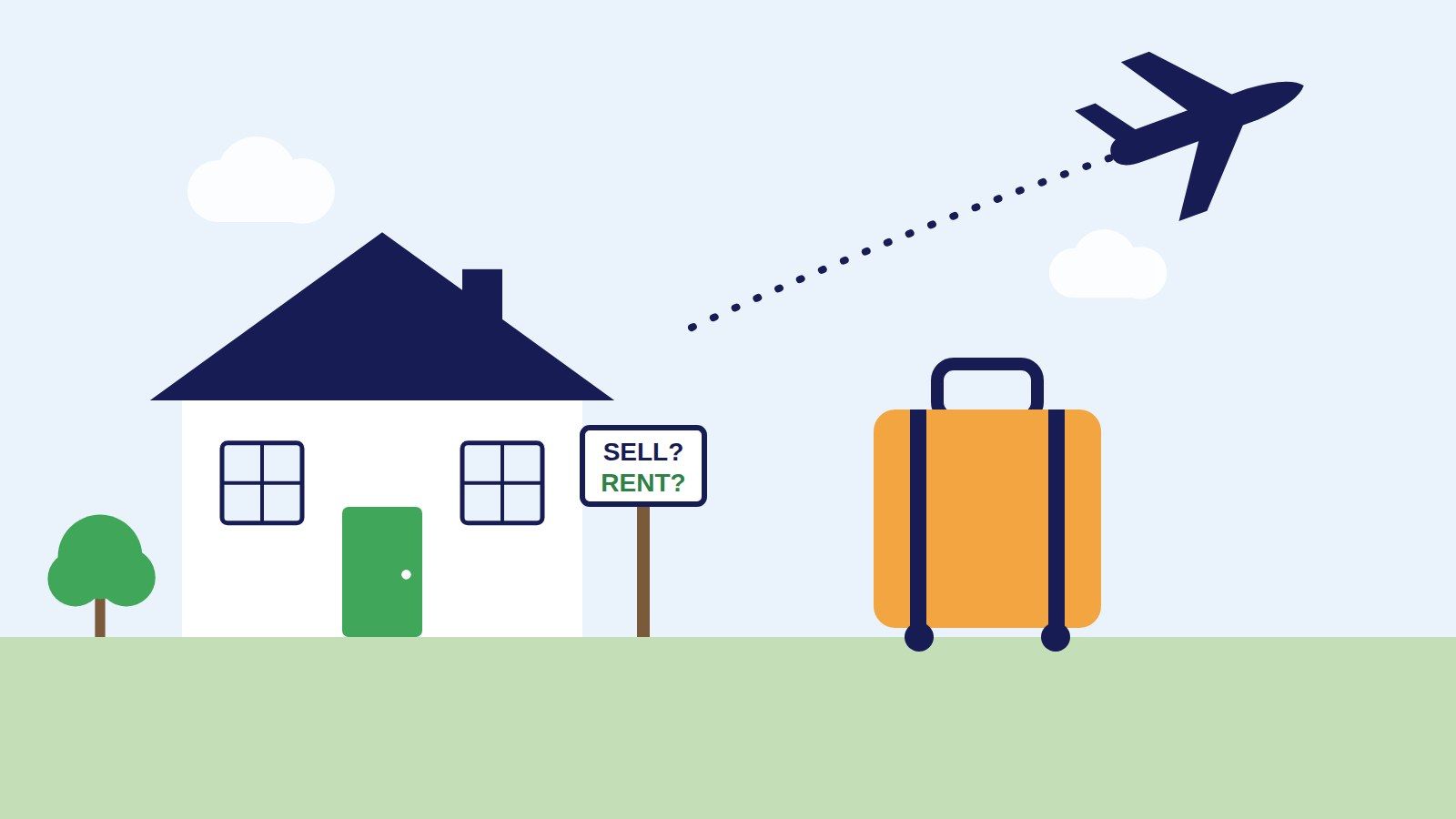 Illustration of a house, a suitcase and a plane: leaving the Netherlands