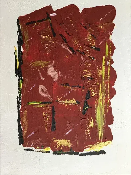Abstract red and black textured painting with yellow streaks on a white background