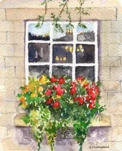 Flower box beneath a white-paned window on a stone wall, with red, yellow, and green blooms.