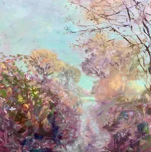Pastel painting of a tree-lined path with soft pink, purple, and green blossoms