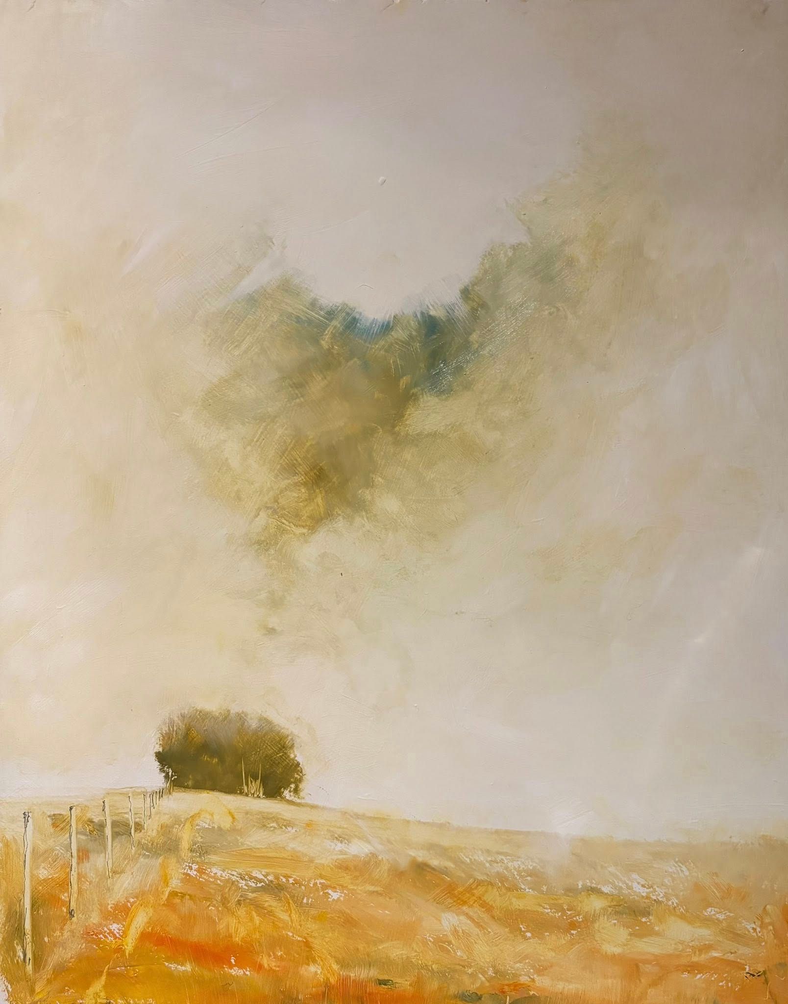 A lone tree on a pale golden hillside beneath a cloudy sky with greenish and yellow tones.