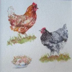 Two hens in a watercolor style, one brown and one gray, beside a nest with eggs on grass