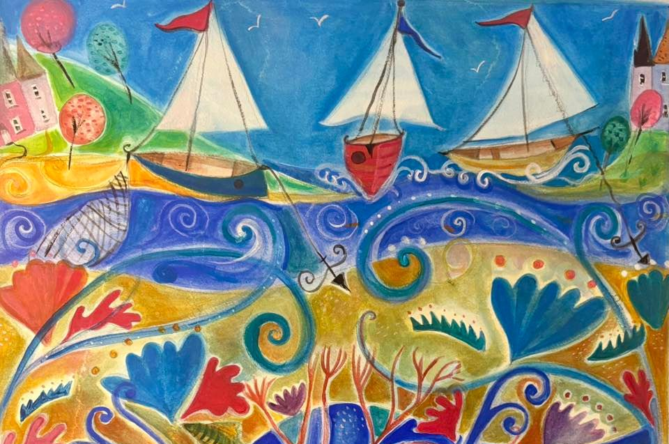 Colorful painting of sailboats on blue water with swirling abstract fish, shells, and flowers