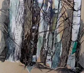 Abstract sketch of tall tree trunks in a forest, with muted gray, brown, and green tones.