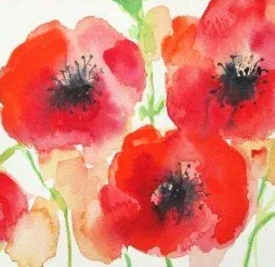 Watercolor painting of three red poppy flowers with dark centers and green stems on a light background