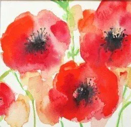 Watercolor painting of three red poppies with dark centers and green stems on a light background