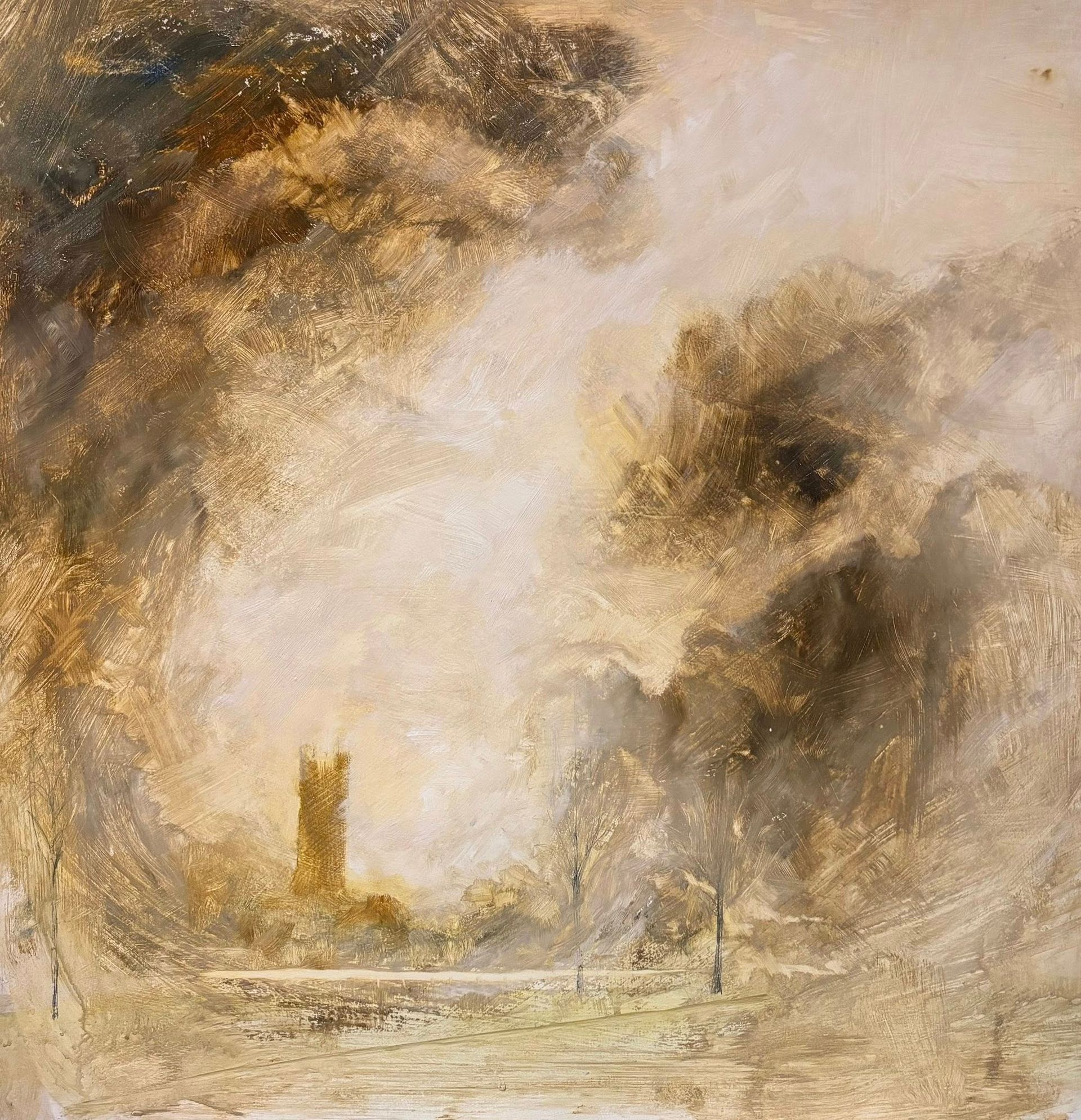 Abstract misty landscape in warm gold and brown tones with faint trees and a small tower near the center