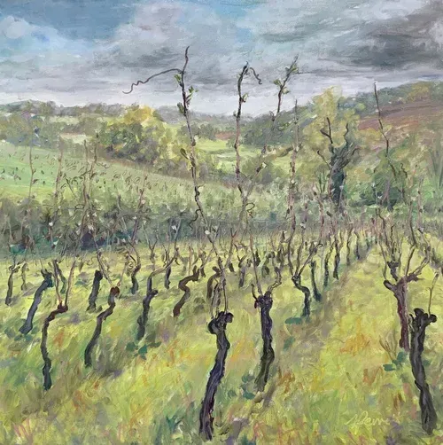 A vineyard with bare grapevines under a cloudy sky, painted in soft green and brown tones.