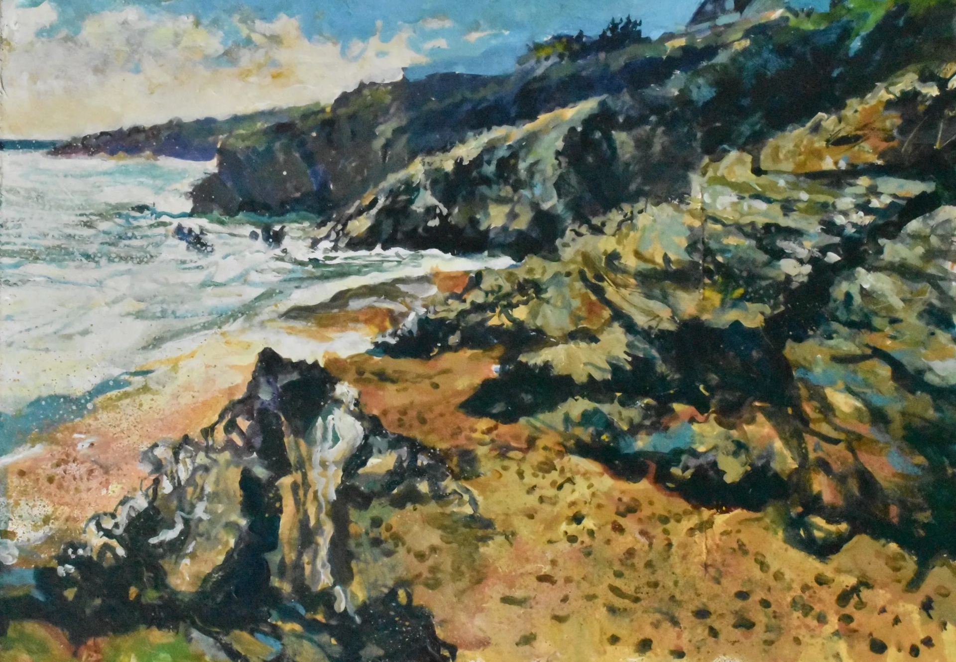 Rough ocean beside rocky seaside cliffs, painted in muted blues, greens, and ochres.