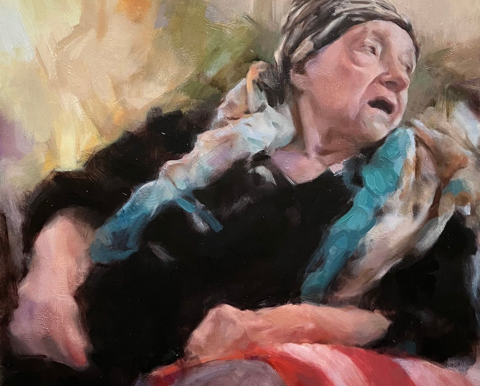 Painterly portrait of a seated person in black with a teal scarf, looking upward in an expressive pose
