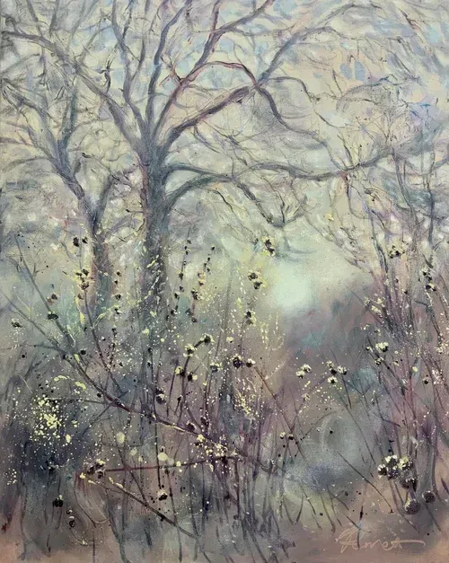 Bare winter trees in a misty, pastel landscape with soft gray-blue tones and sparse dark foliage