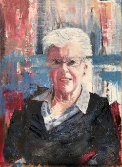 Painterly portrait of a smiling person with white hair and glasses, against a colorful abstract background