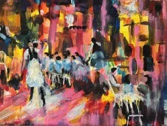 Abstract street scene with colorful figures and a white-clad person on a pink, painterly background