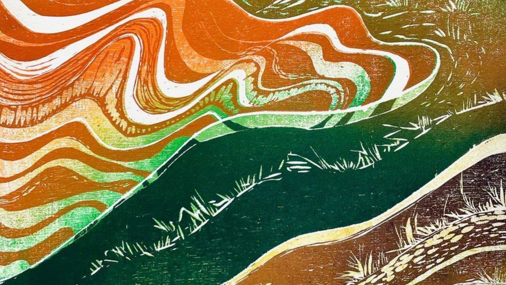 Abstract orange, green, and white swirling landscape with a dark green ridge across the center