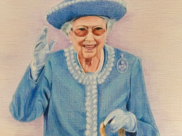 Queen Elizabeth II in a blue coat and hat, smiling and waving in a watercolor-style portrait