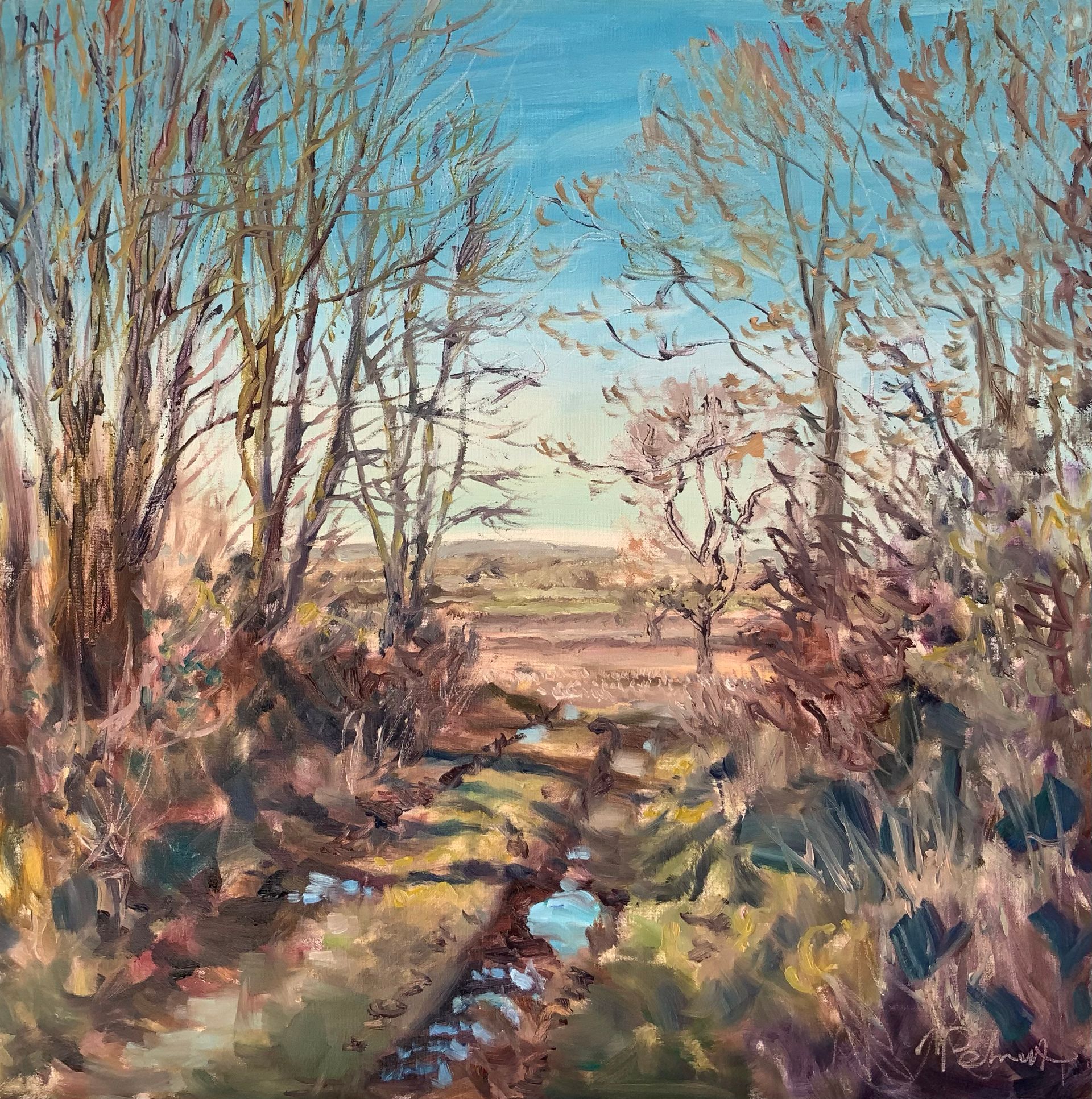 Sunlit impressionist painting of a narrow stream through leafless trees and brush in a rural landscape