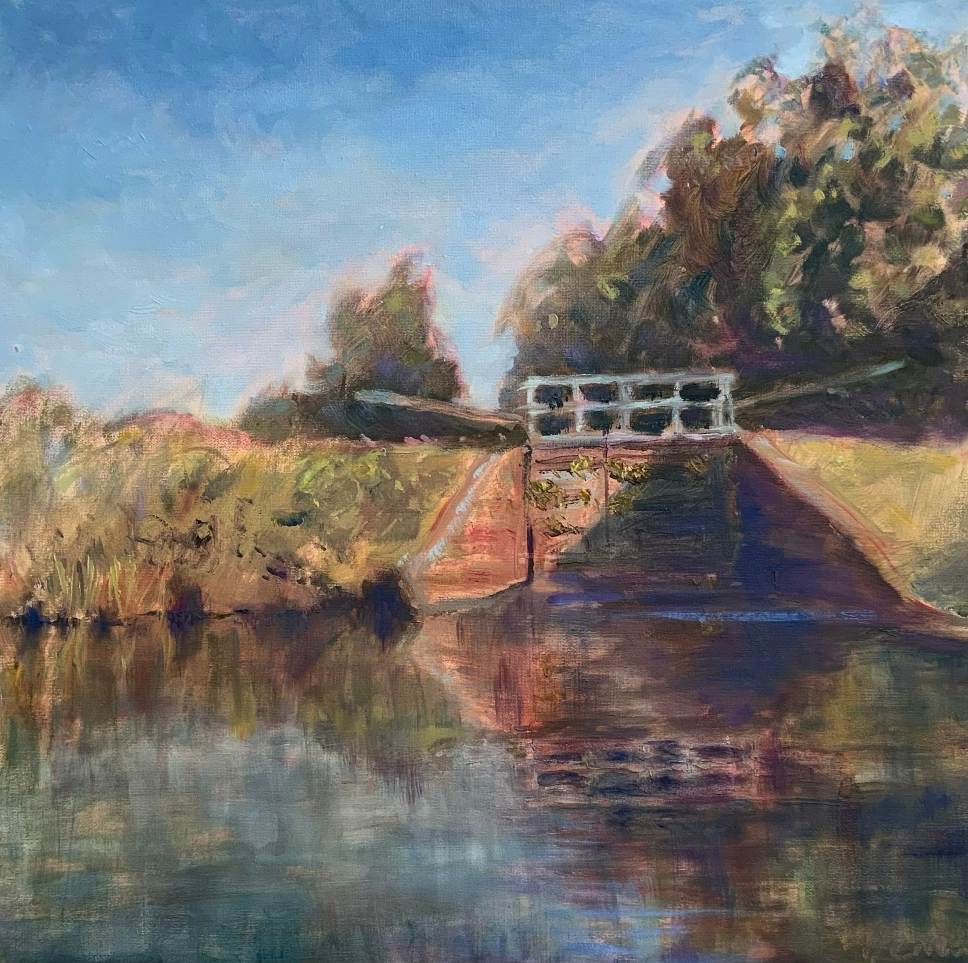 Impressionist painting of a small white bridge over a calm river with trees and autumn foliage