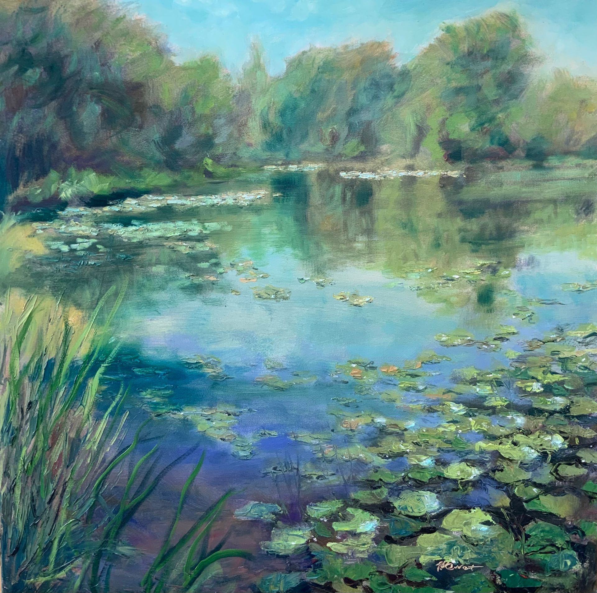 Impressionist painting of a calm pond with lily pads, green trees, and their reflections in blue water