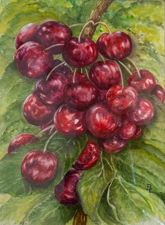 Red cherries clustered on leafy branches, painted in rich reds and greens.
