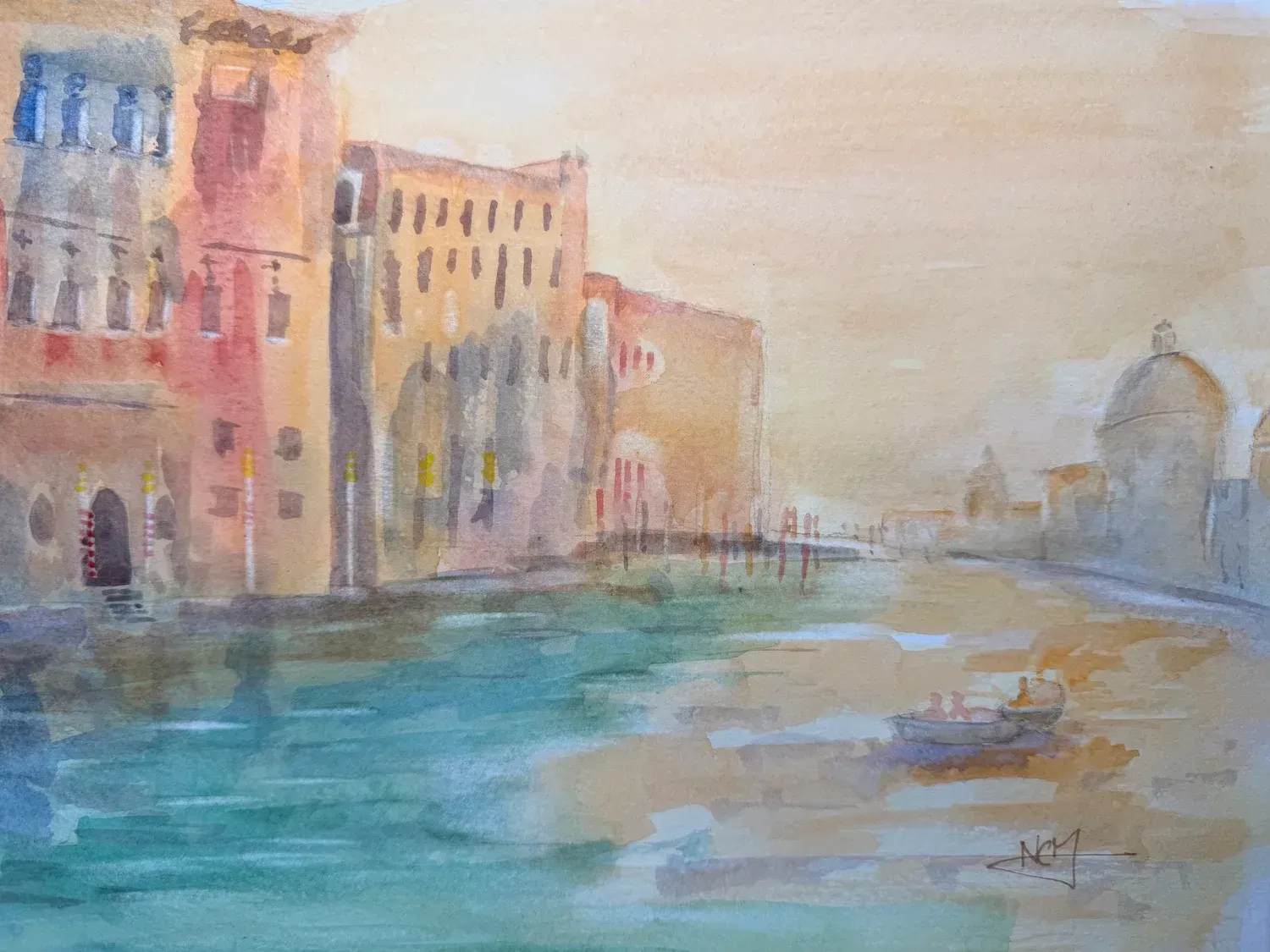 Watercolor of colorful canal-side buildings beside a calm blue-green river in a hazy cityscape