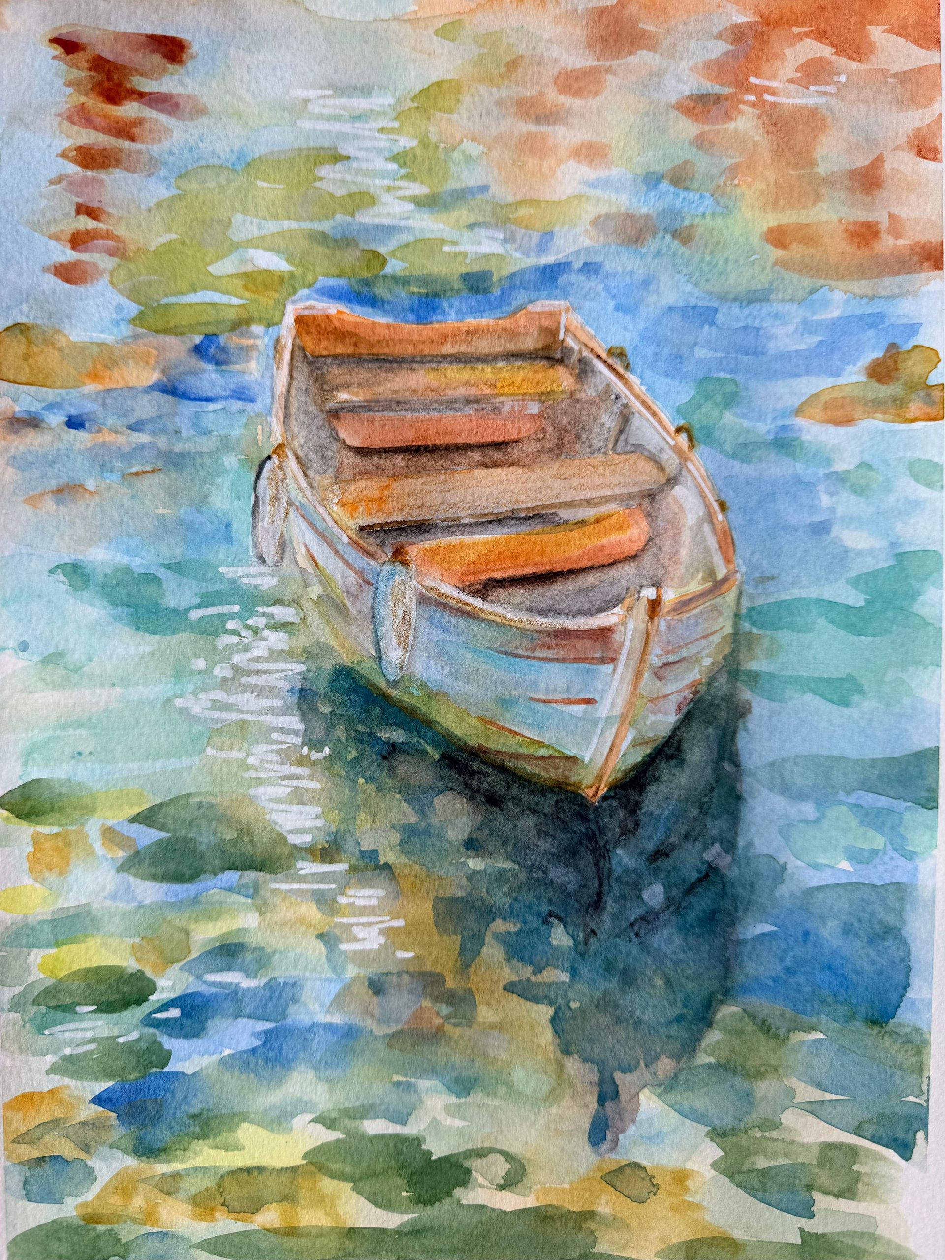 Watercolor of a small wooden rowboat floating on rippled blue-green water, seen from above