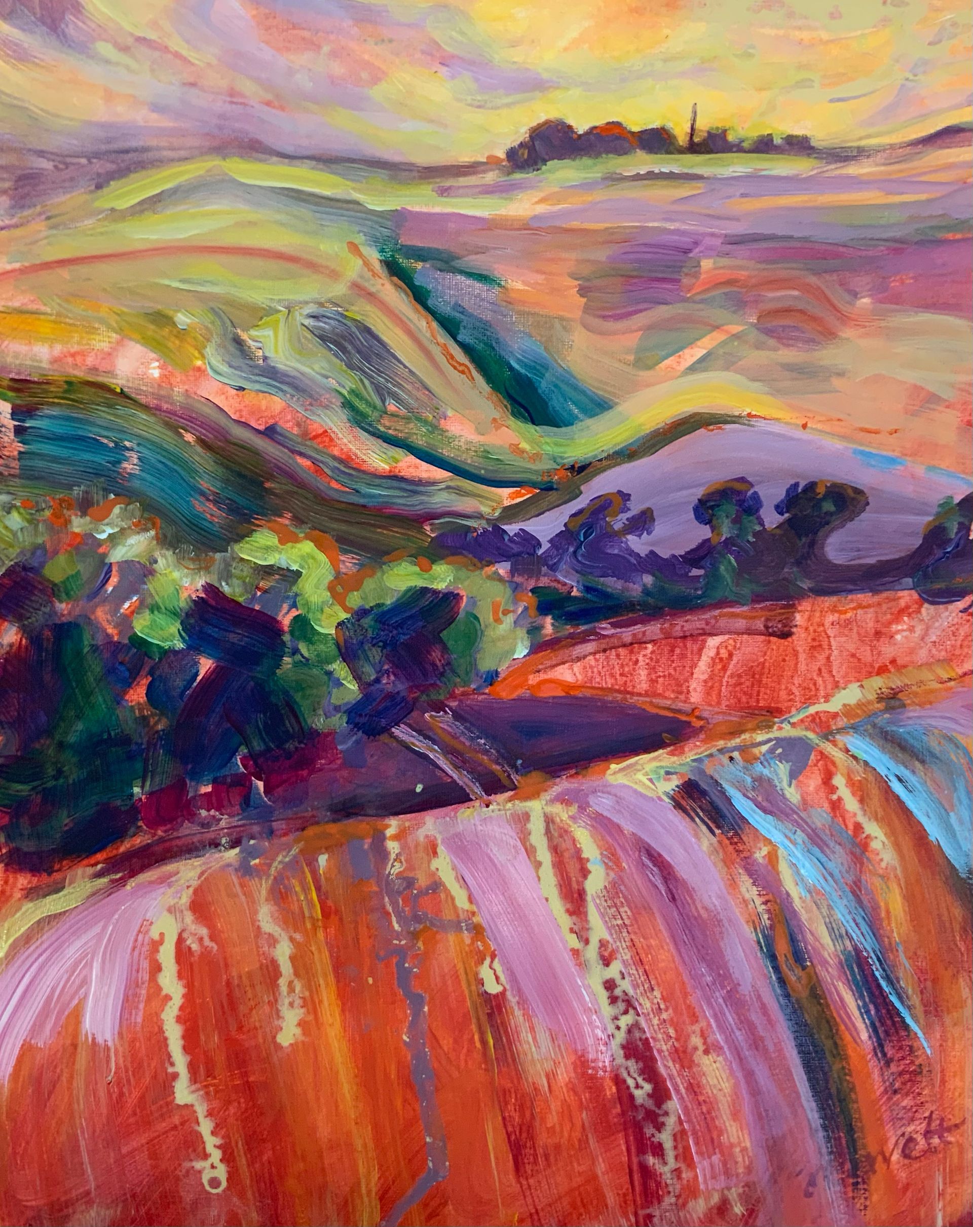 Abstract colorful landscape with rolling hills, trees, and a red-striped foreground under a pastel sky