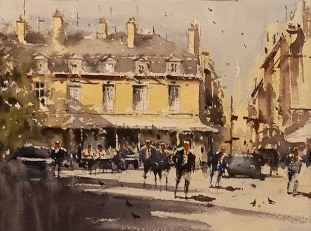 Watercolor of a bustling European street with people, cafes, and sunlit yellow buildings.