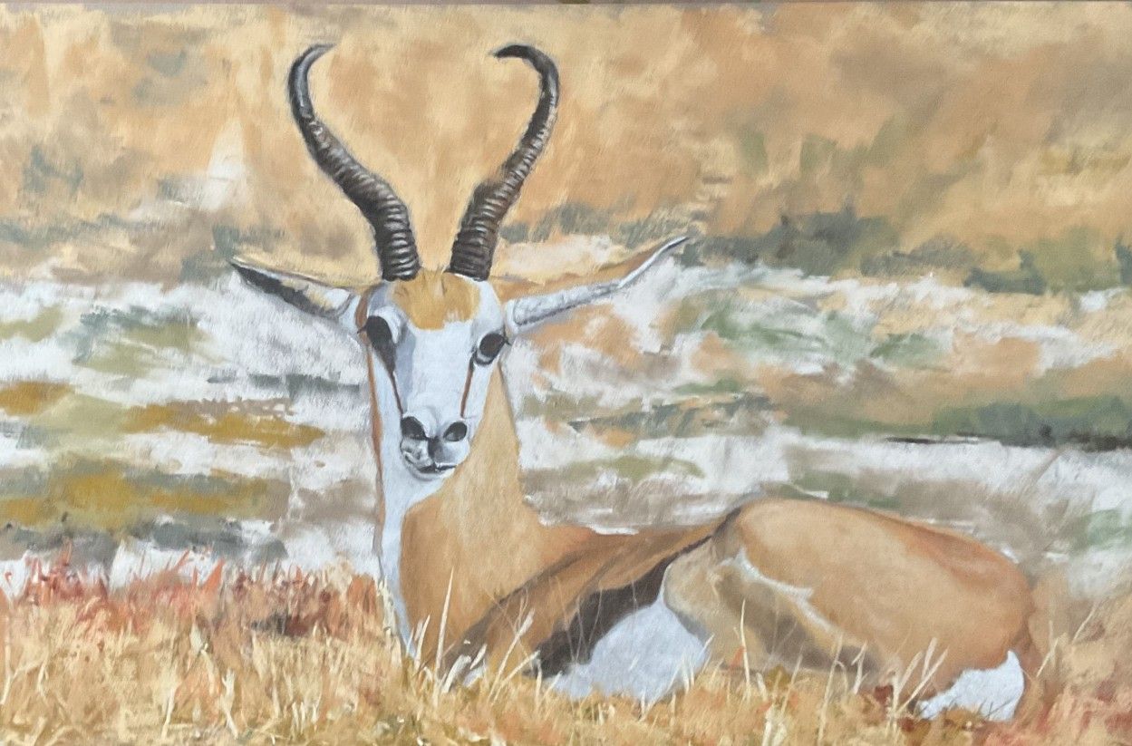 Antelope lying in dry grass with tall curved horns, against a soft cloudy savanna background