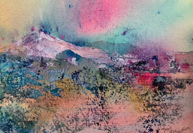 Abstract pastel landscape with snowy mountains, pink sky, and textured blue-green terrain
