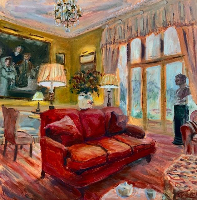 Elegant living room with a red sofa, tall windows, lamps, a chandelier, and a framed painting on the wall