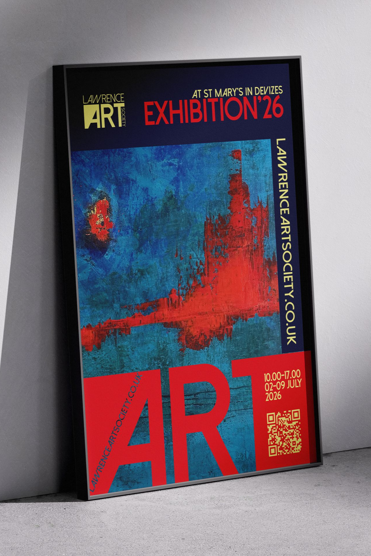 ART exhibition poster with abstract blue and red artwork on a black background