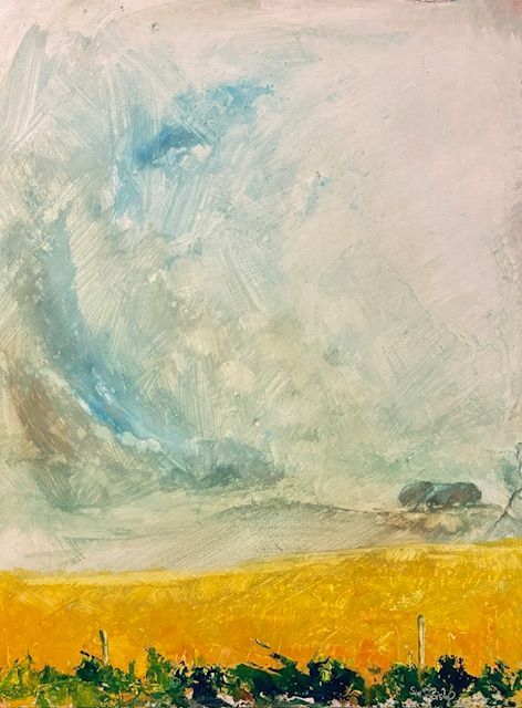 Abstract painting of a bright yellow field beneath a soft blue and white sky.