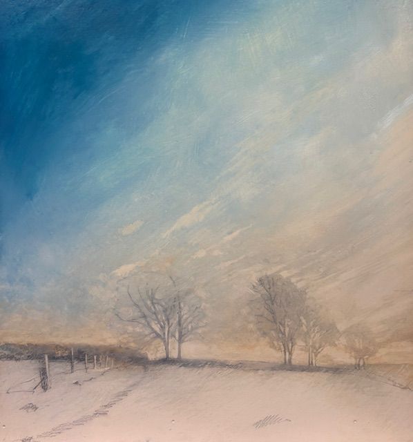 Snowy landscape with bare trees under a pastel blue and peach sky