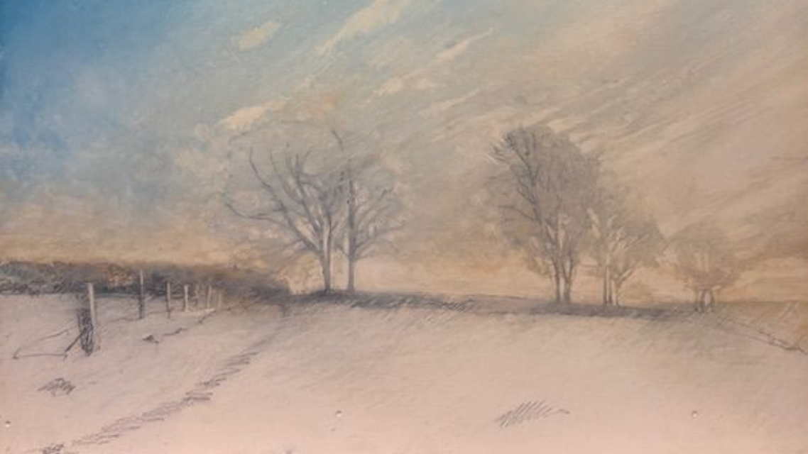 Snowy field with bare trees and a fence under a hazy winter sky