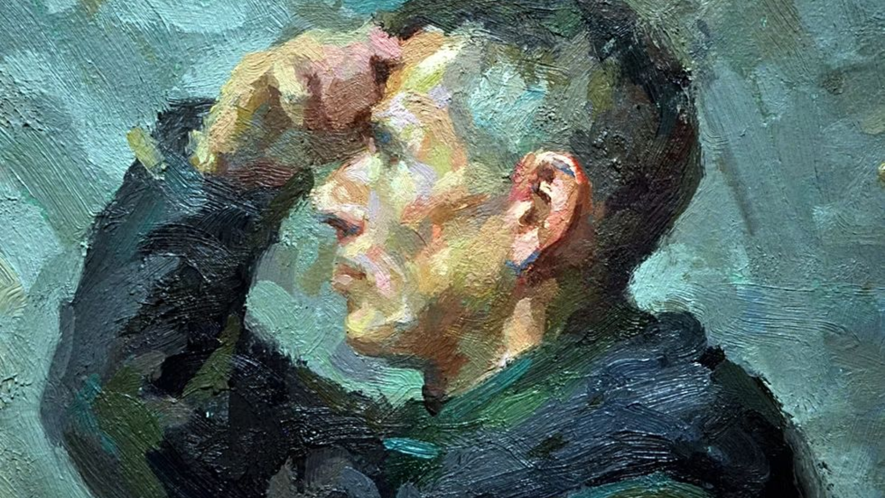 Painted profile of a person shielding their eyes with a hand against a muted blue-green background