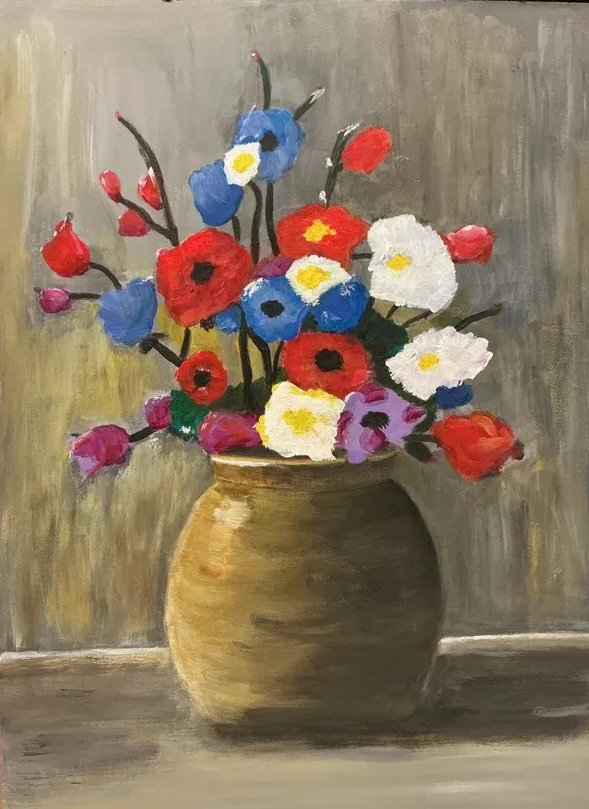 Still life painting of a vase with colorful flowers on a gray background