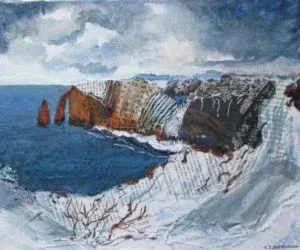 Snowy coastal cliffs beside a blue sea under a cloudy sky, with a reddish rock arch on the left.