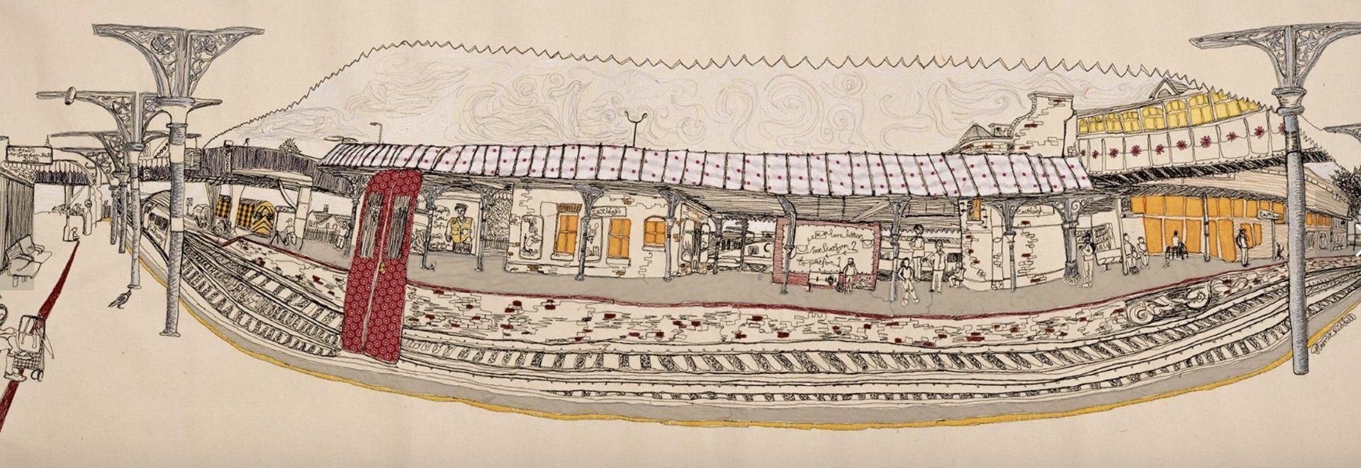 Panoramic sketch of a long historic building with arched openings, red and yellow accents, and a crowd below