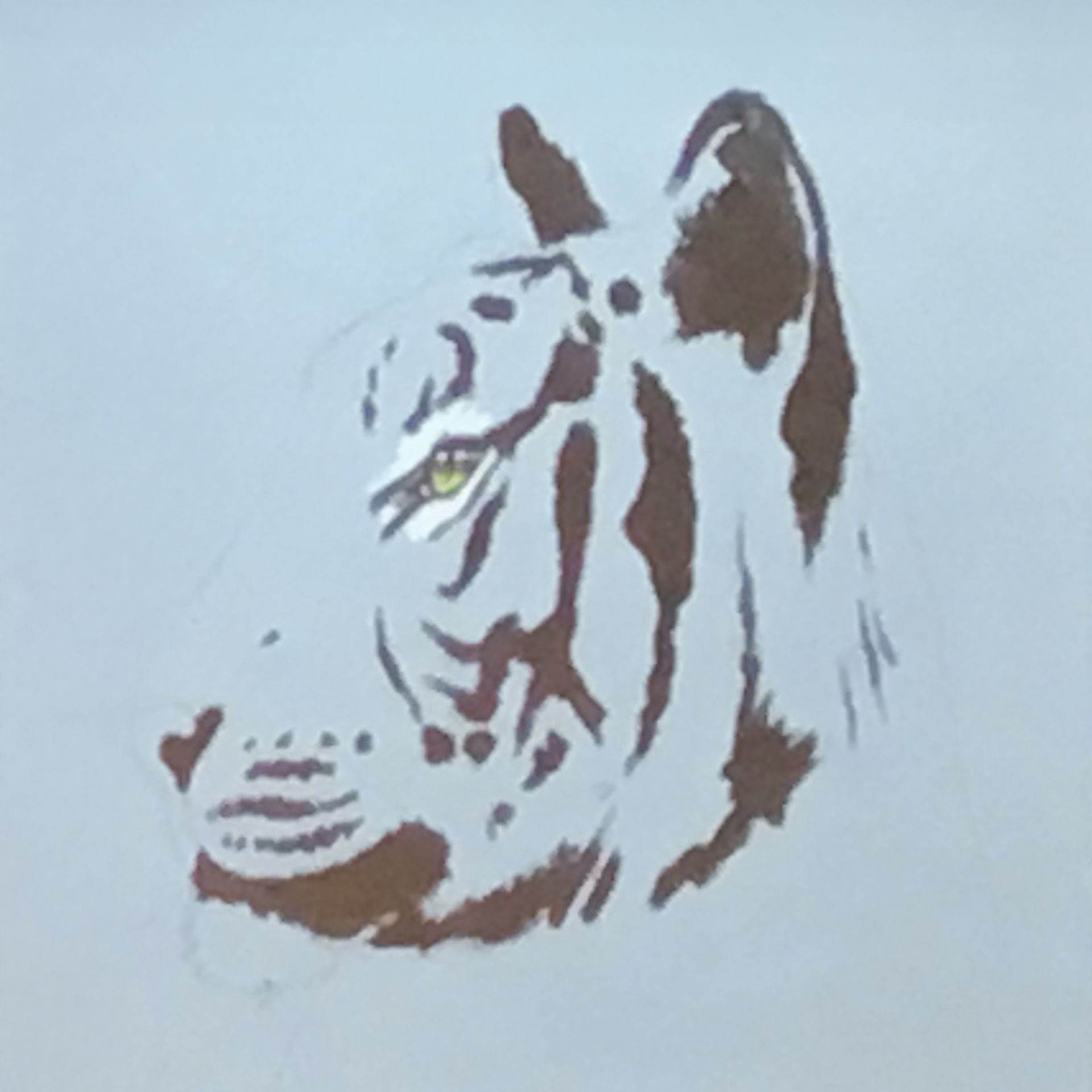 Stylized side-profile of a tiger’s head with black, white, and brown brushstrokes on a light background