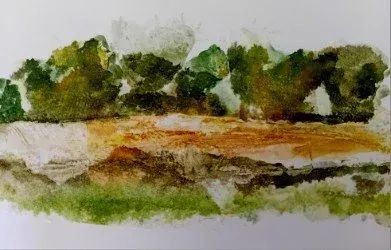 Watercolor landscape of green trees, a golden field, and a small reflective stream.