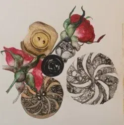 Decorative arrangement of three patterned flowers in red, green, black, and tan on a light background