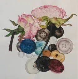 Watercolor flowers and assorted colorful buttons arranged in a loose collage