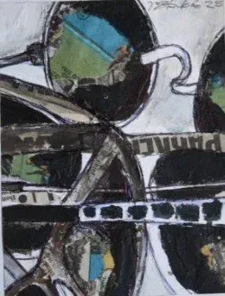 Abstract close-up of round eyeglasses with black frames and reflective blue-green lenses