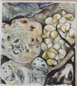 Abstract painting with pale skull-like forms, clustered white circles, and dark branching lines on a muted background