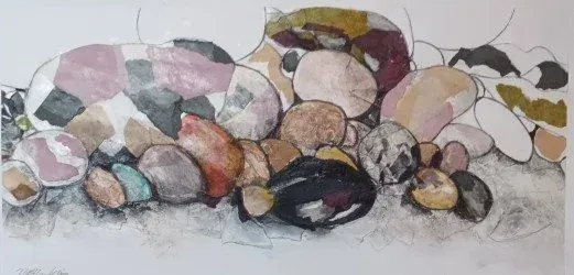 Abstract painting of overlapping pastel-colored stones with dark outlines on a white background