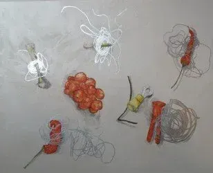 Abstract arrangement of colorful wire-like shapes and red-orange clusters on a light gray background