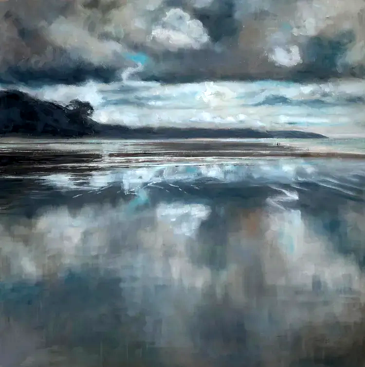 Stormy seascape with dark clouds reflected in calm water